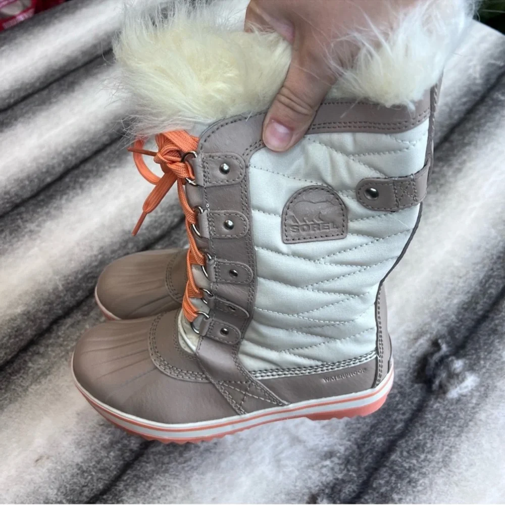 Sorel Tofino II Fawn Omega Taupe Lace Up Kids Tall Fur Lined Boots